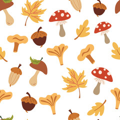 Autumn seamless pattern with mushrooms and leaves. Autumn forest. Falling leaves, acorns, mushrooms. Floral design for wrapping paper, fabrics, covers and cards. Vector illustration in cartoon style