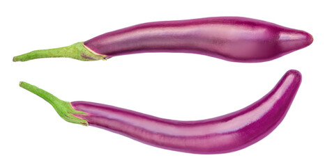 Fresh purple eggplants isolated on white background.  Flat lay. Top view.