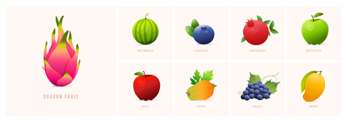 Set of fruits, Modern style vector illustrations. apricot, Cranberry, Banana, Grapes Papaya, pear, Guava, Orange etc.
