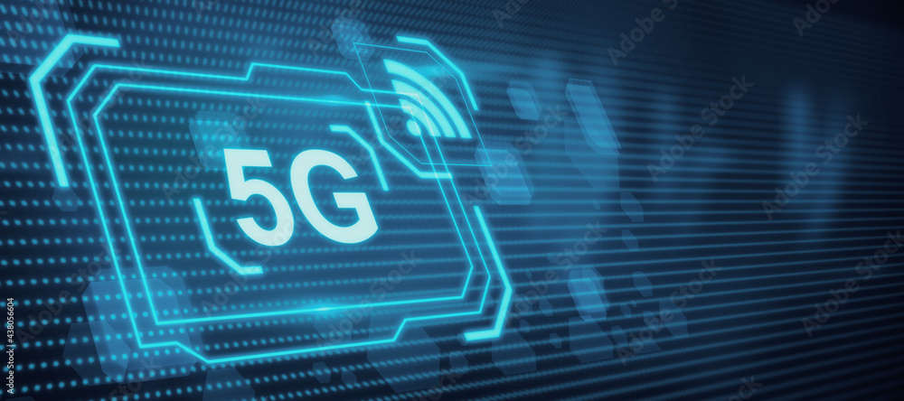 Leinwandbilder data and future concept with abstract glowing 5g hologram on dark background. 3d rendering.