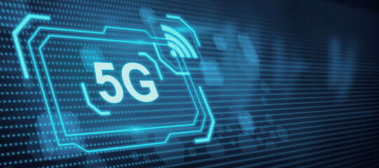 Data and future concept with abstract glowing 5G hologram on dark background. 3D Rendering.