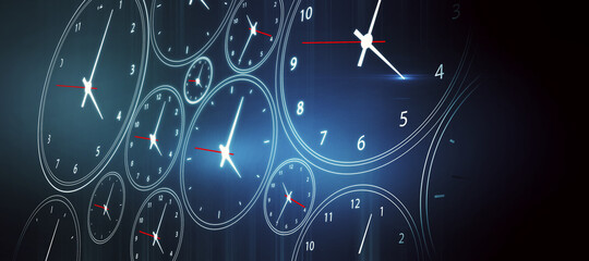 Blue clock background. Time management concept. 3D Rendering.