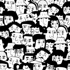 Monochrome seamless pattern with people faces of different ethnicity. Crowd of men and women.  - 438056696