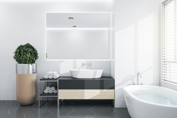 Modern concrete bathroom interior with sunlight, window with city view and bathtub. Hotel decor. 3D Rendering.