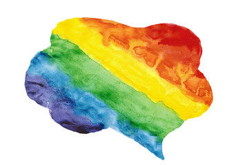 Speech bubble painted in rainbow flag. LGBT +, LGBTQ pride concept. Hand drawn watercolor design elements. Empty artistic background for text, message, advertising.