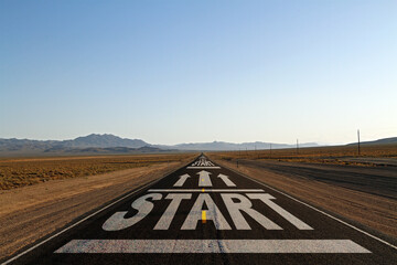 Creative start road on blue sky horizon background. Career development, startup and success concept.