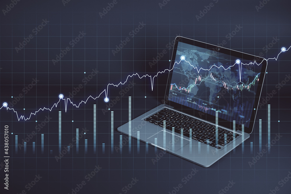 Fototapete worldwide forex market concept with financial chart indicators on virtual transparent screen at lapt