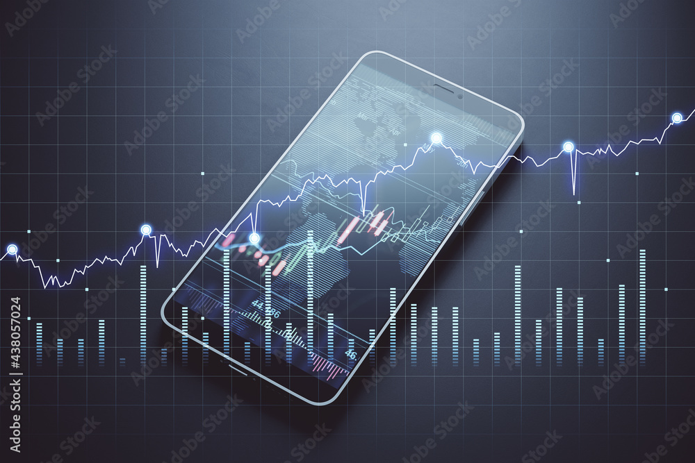 Poster Global market exchange concept with digital financial chart diagram and candlestick on smartphone background with world map on screen. 3D rendering, double exposure.