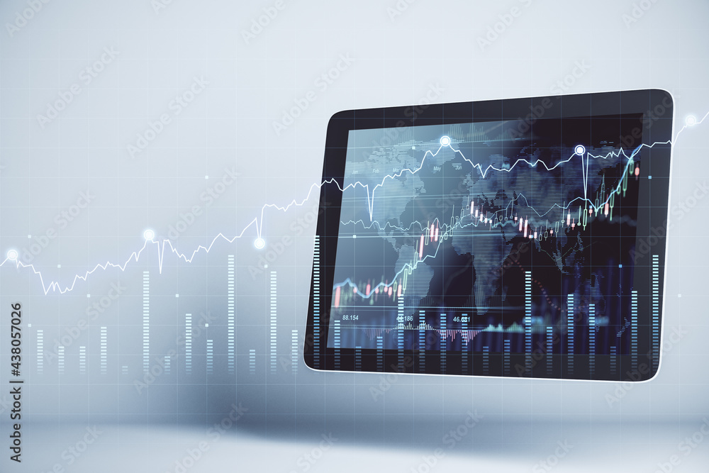 Poster international investment concept with digital financial chart diagram, candlestick and indicators on