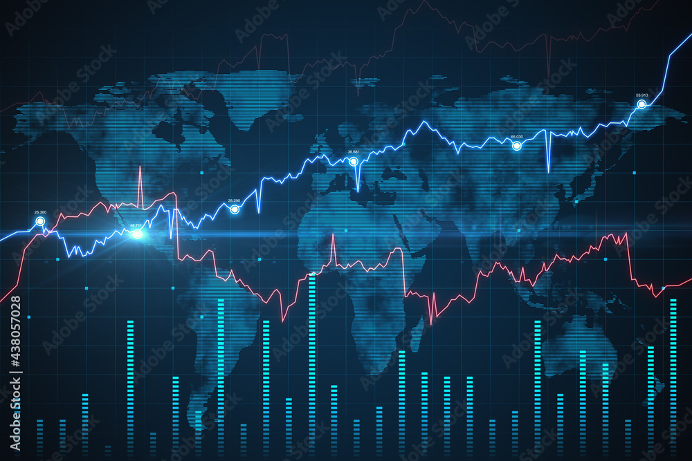 Poster Trade and finance concept. Abstract glowing forex chart with map on dark background. 3D Rendering.