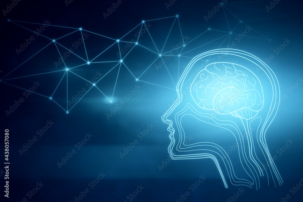 Aufkleber Abstract glowing digital brain interface on blue background with polygonal mesh. AI and innovation concept. 3D Rendering.