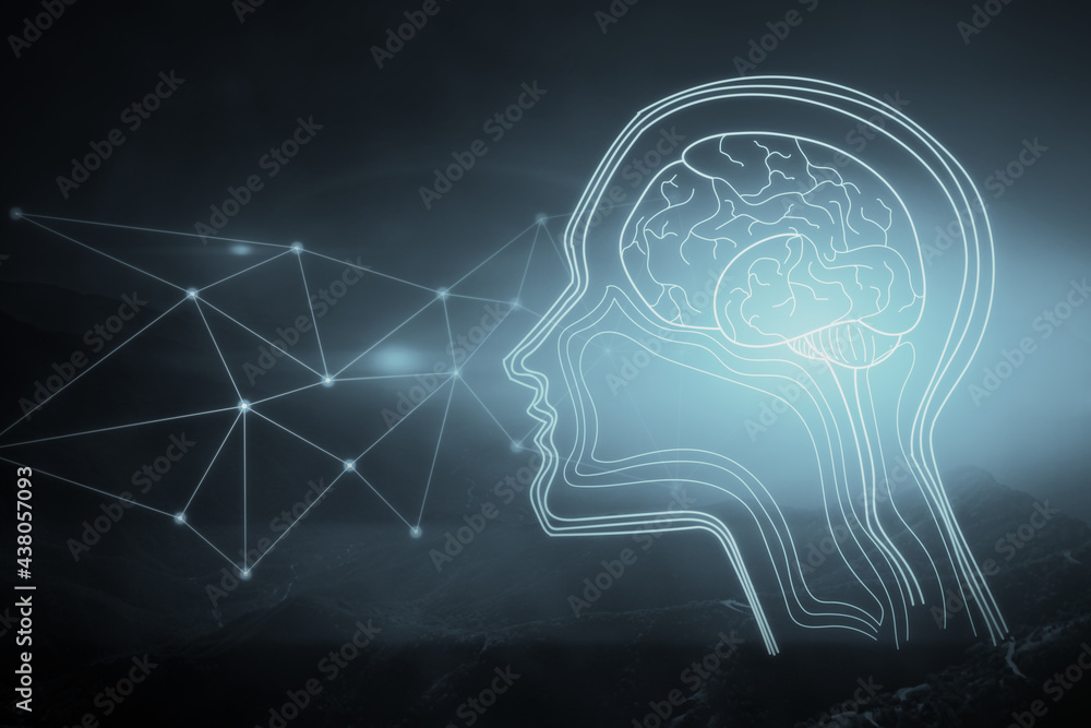 Poster Abstract glowing digital brain interface on blue background with polygonal mesh. AI and neural concept. 3D Rendering.