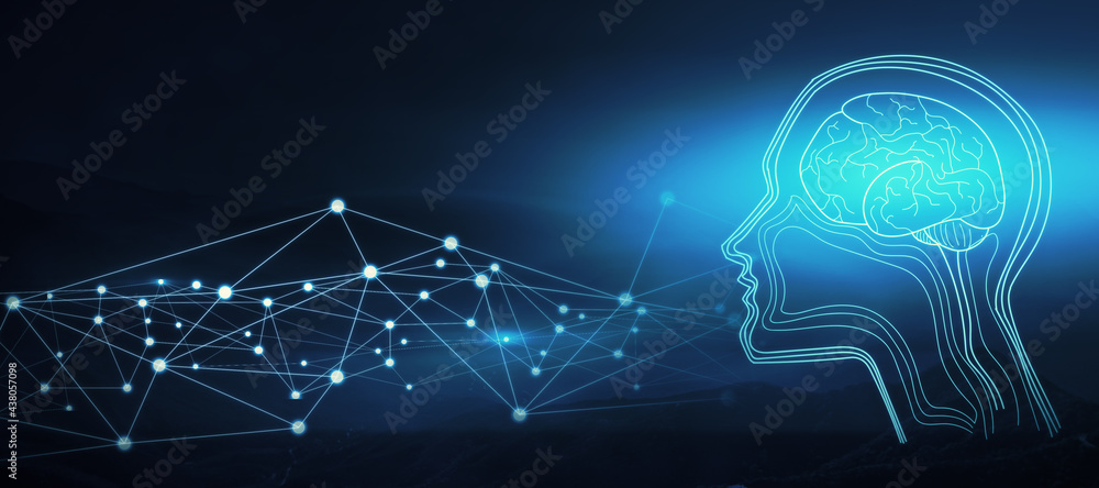 Aufkleber Abstract glowing digital brain interface on blue background with polygonal mesh. AI and technology concept. 3D Rendering.