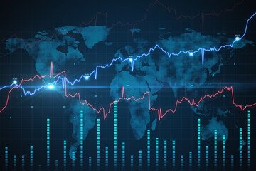 Trade and finance concept. Abstract glowing forex chart with map on dark background. 3D Rendering.