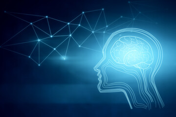 Abstract glowing digital brain interface on blue background with polygonal mesh. AI and innovation concept. 3D Rendering.