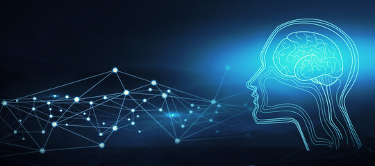 Abstract glowing digital brain interface on blue background with polygonal mesh. AI and technology concept. 3D Rendering.