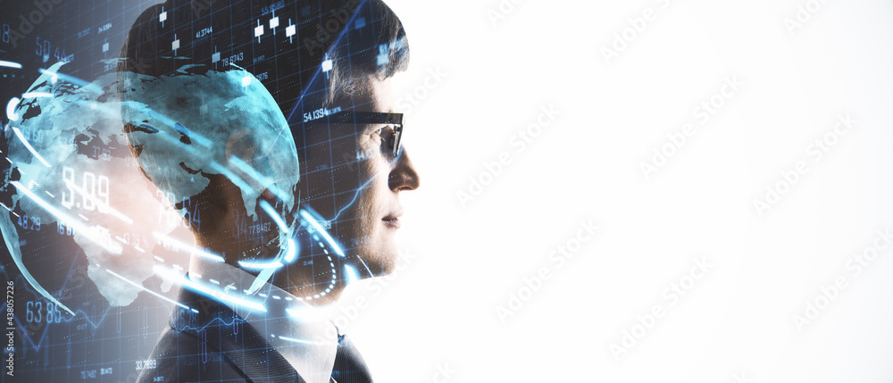 Poster Young man with abstract global interface isolated on white background with mockup. Double exposure.