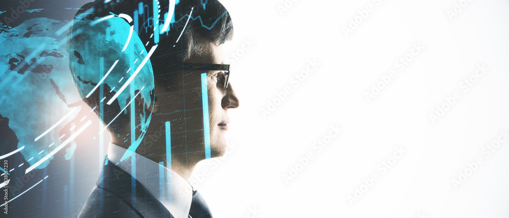 Poster young businessman with abstract global interface isolated on white background with mockup. double ex