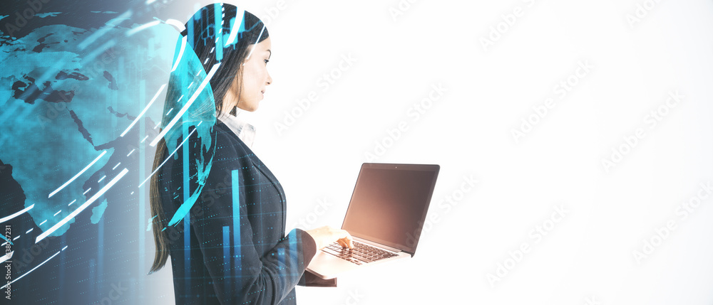 Poster young woman with laptop abstract global network interface isolated on white background with mockup. 