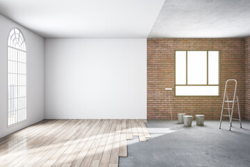 Unfinished sunny room interior repairs in apartment with window, brick walls, wooden flooring and mockup space. 3D Rendering. - obrazy, fototapety, plakaty