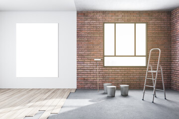 Fototapeta premium Unfinished bright room interior repairs in apartment with window, brick walls, wooden floor and blank frame. 3D Rendering.
