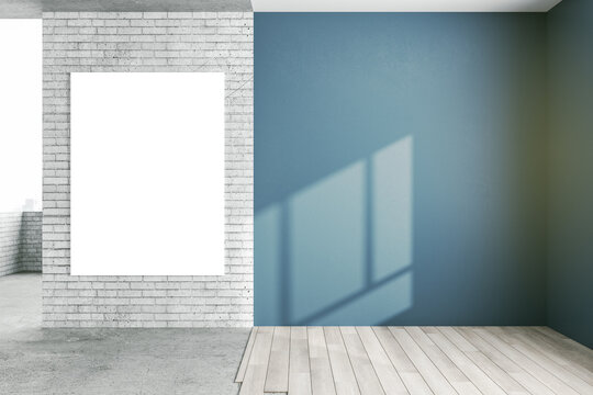 White poster with copyspace for your logo on brick wall and sunny blue wall with wooden floor on the right. 3D rendering, mockup