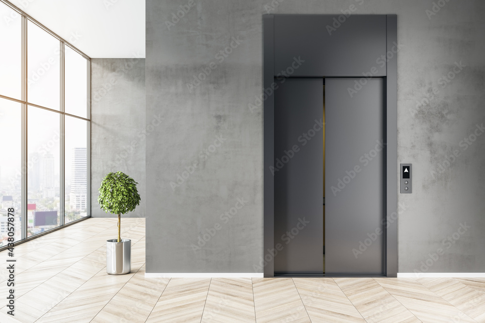 Poster front view on stylish black elevator in business center area with light wooden floor, tree in metal 