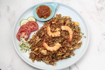 Freshly cooked Indonesion food called Shrimp Goreng
