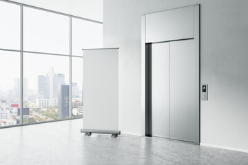 Blank white poster on concrete floor in modern light business hall with elevator and city view from big window. 3D rendering, mock up