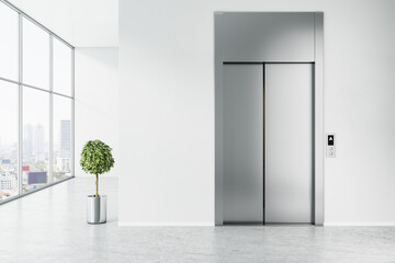 Stylish sunny business center area with silver color elevator, tree in metallic flowerpot and city view from big window. 3D rendering.