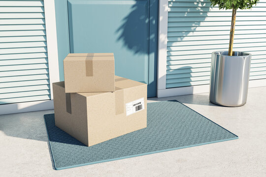 Bright image of paper boxes delivered to entrance door. Online delivery concept. 3D Rendering.