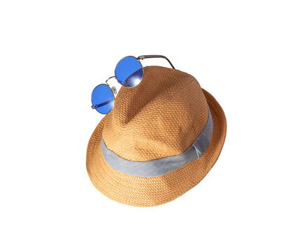 Straw Hat and Sunglasses. Summer Concept Elements. Isolated on White Background.