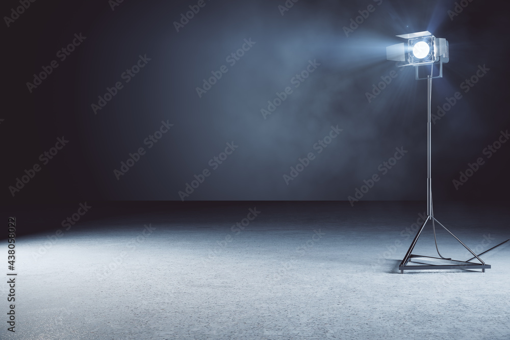 Aufkleber minimalistic concrete photo studio background with lamps and mockup place. 3d rendering.
