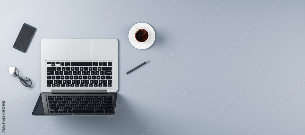 Poster stylish workspace with laptop, coffee mug and cell phone on light grey wallpaper with copyspace for 