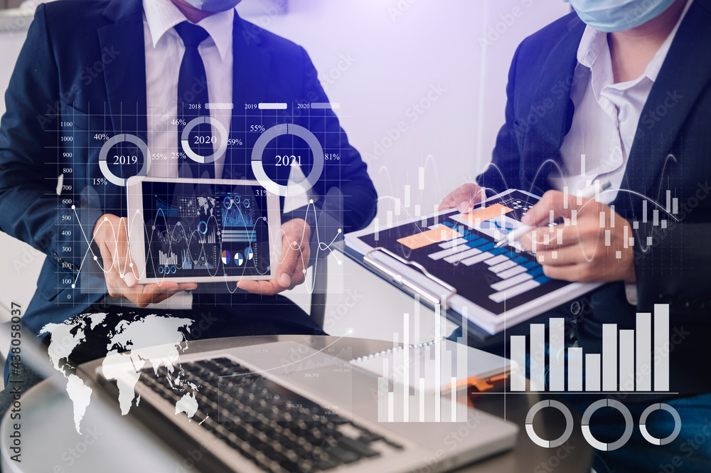 Poster data management system with business analytics concept. business team hands working with provide inf