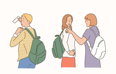People walking down the street see the same bag and talk. hand drawn style vector design illustrations. 