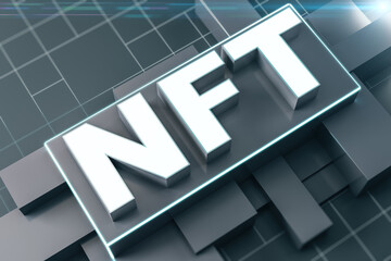 NFT nonfungible tokens concept - NFT word in black frame on abstract technology background. 3D Rendering. - obrazy, fototapety, plakaty