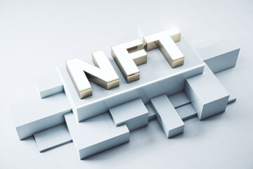 NFT nonfungible tokens concept - NFT word in white frame on abstract technology background. 3D Rendering. - obrazy, fototapety, plakaty