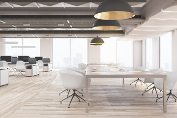 Contemporary coworking office interior with furniture, concrete walls and wooden flooring. 3D Rendering.