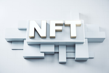 NFT nonfungible tokens concept - NFT word in light frame on abstract technology background. 3D Rendering. - obrazy, fototapety, plakaty