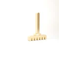 Gold Garden rake icon isolated on white background. Tool for horticulture, agriculture, farming. Ground cultivator. Housekeeping equipment. 3d illustration 3D render
