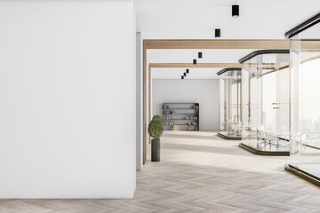 Modern corporate office interior with empty layout place on concrete wooden glass wall, furniture and daylight. Mock up, 3D Rendering.