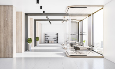 Contemporary conference office room interior with glass partitions, window with city view and daylight. 3D Rendering.