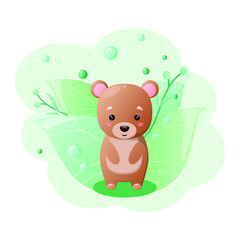 Cute bear on the background of green leaves. Children's animal illustration.