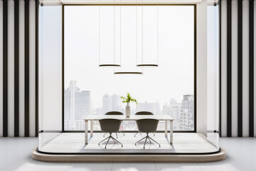Modern negotiation office room interior with glass partitions, window with city view and daylight. 3D Rendering.