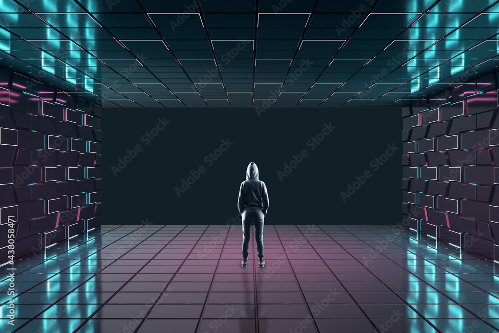 Poster Back view of hacker in modern illuminated dark room interior with reflections on floor. Technology and hacking concept.