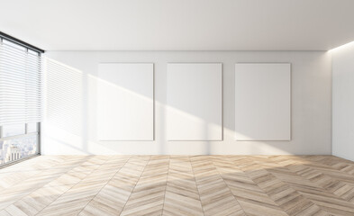 Modern concrete interior with window, city view, sunlight and empty wall mockup place. Exhibition, art and advertisement concept. 3D Rendering.