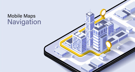 Obraz premium City isometric plan with road and buildings on smart phone.
