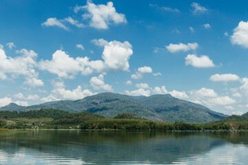 Fototapeta na wymiar lake and mountains with blue sky 