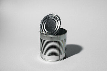 Tin can for food on gray background